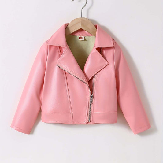 Trendy girls' pink leather jacket on hanger showcasing stylish design.