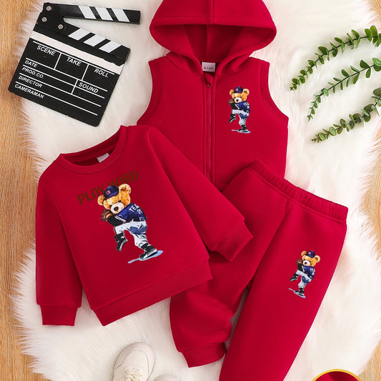 Boys' 3pcs Fleece-Lined Hoodie & Vest Set for Fall Outdoor