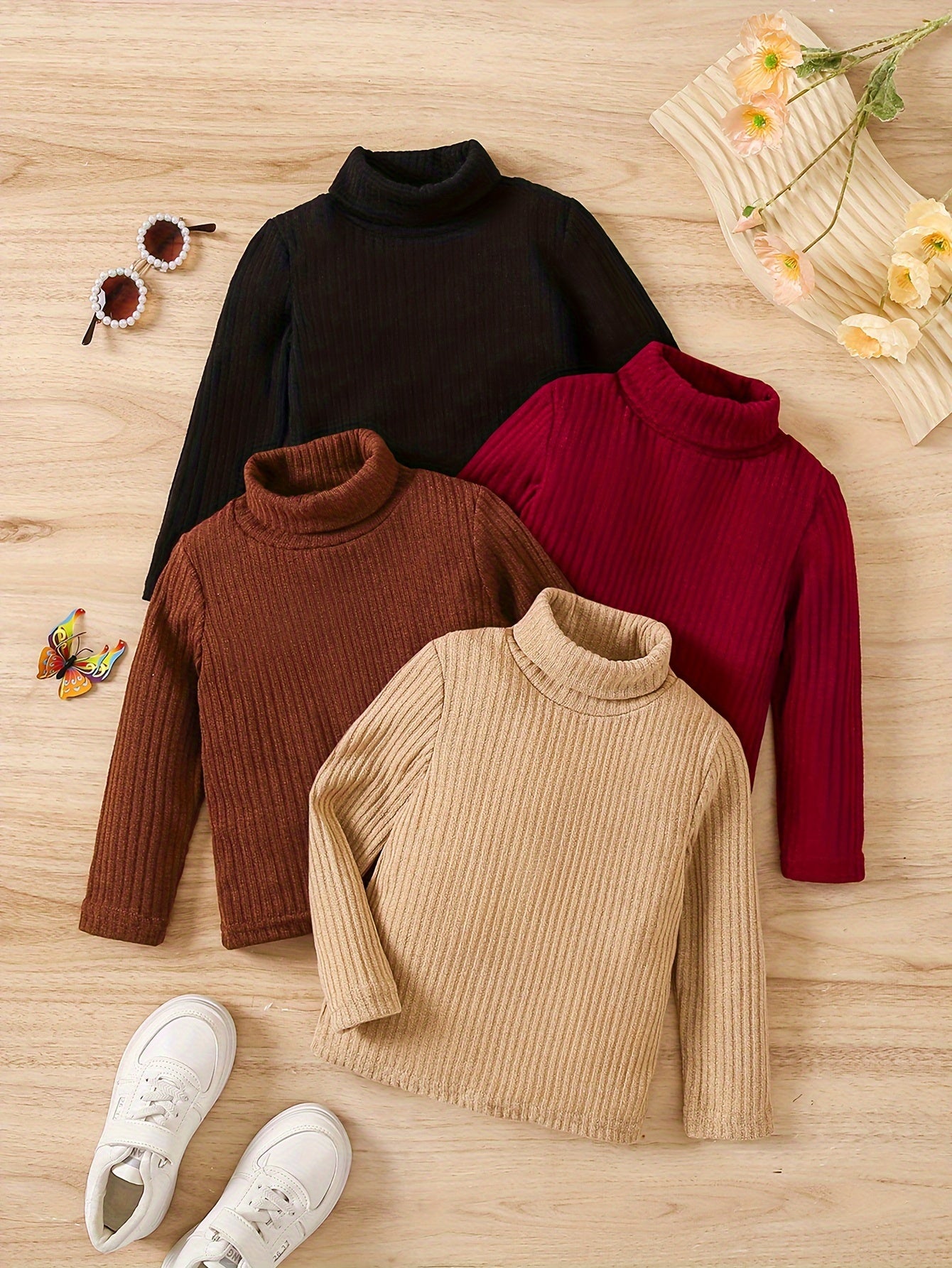 Versatile 4pcs Girls Stretchy Turtleneck Set for All Seasons in four colors, perfect for year-round style and comfort.