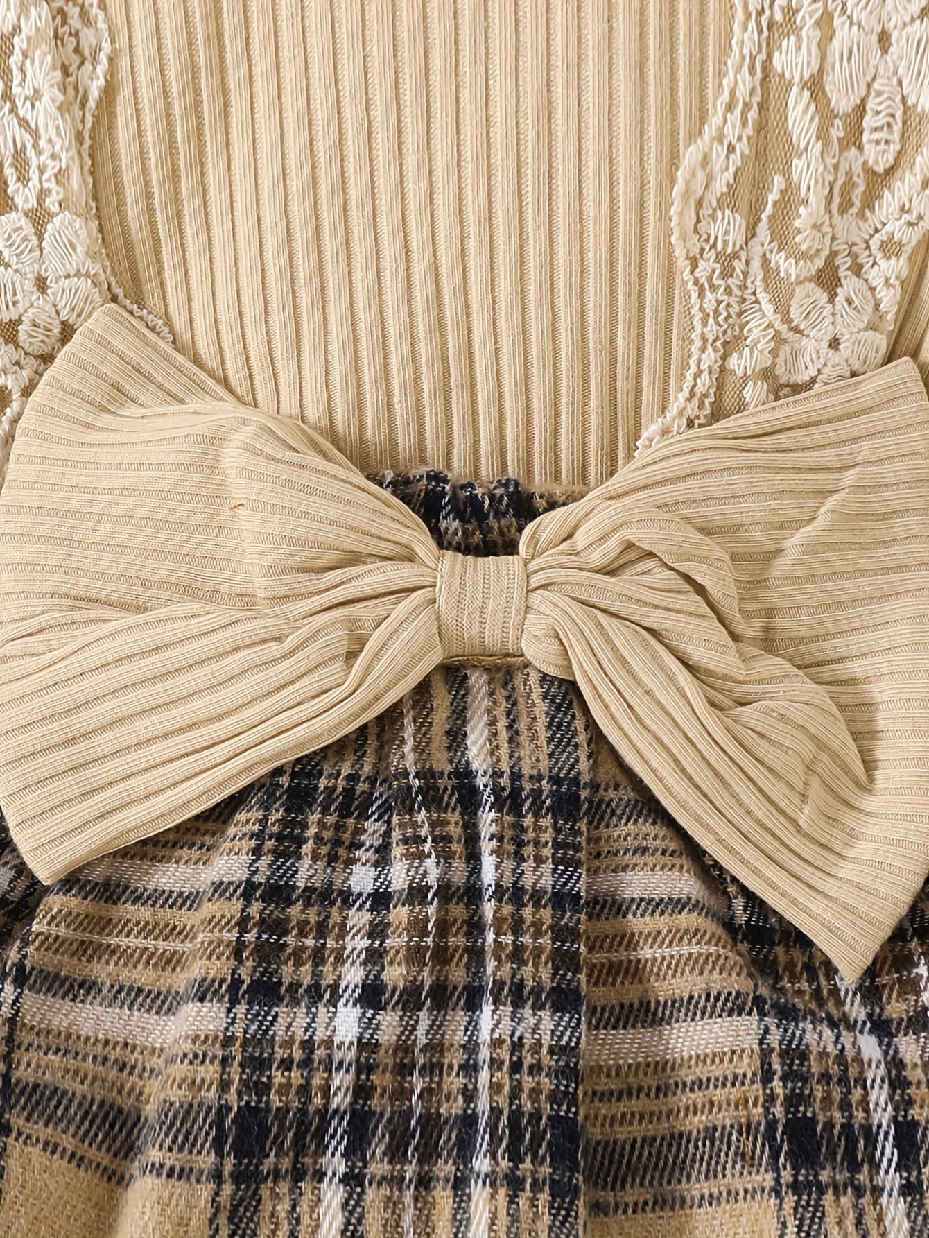 Chic Girls' Plaid Dress With Bow & Lace Detail For Autumn - BabyHaven