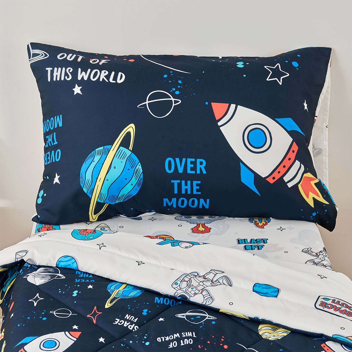 4pcs printed space ship toddler bedding set unisex