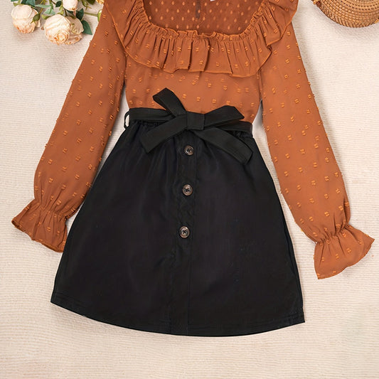 2pcs Set for Girls Featuring a Lace Patchwork Long - Sleeve Top - BabyHaven