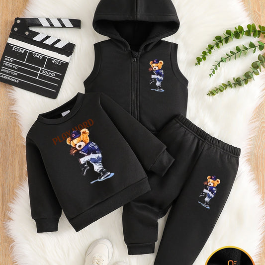 Boys' 3pcs Fleece-Lined Hoodie & Vest Set for Fall Outdoor