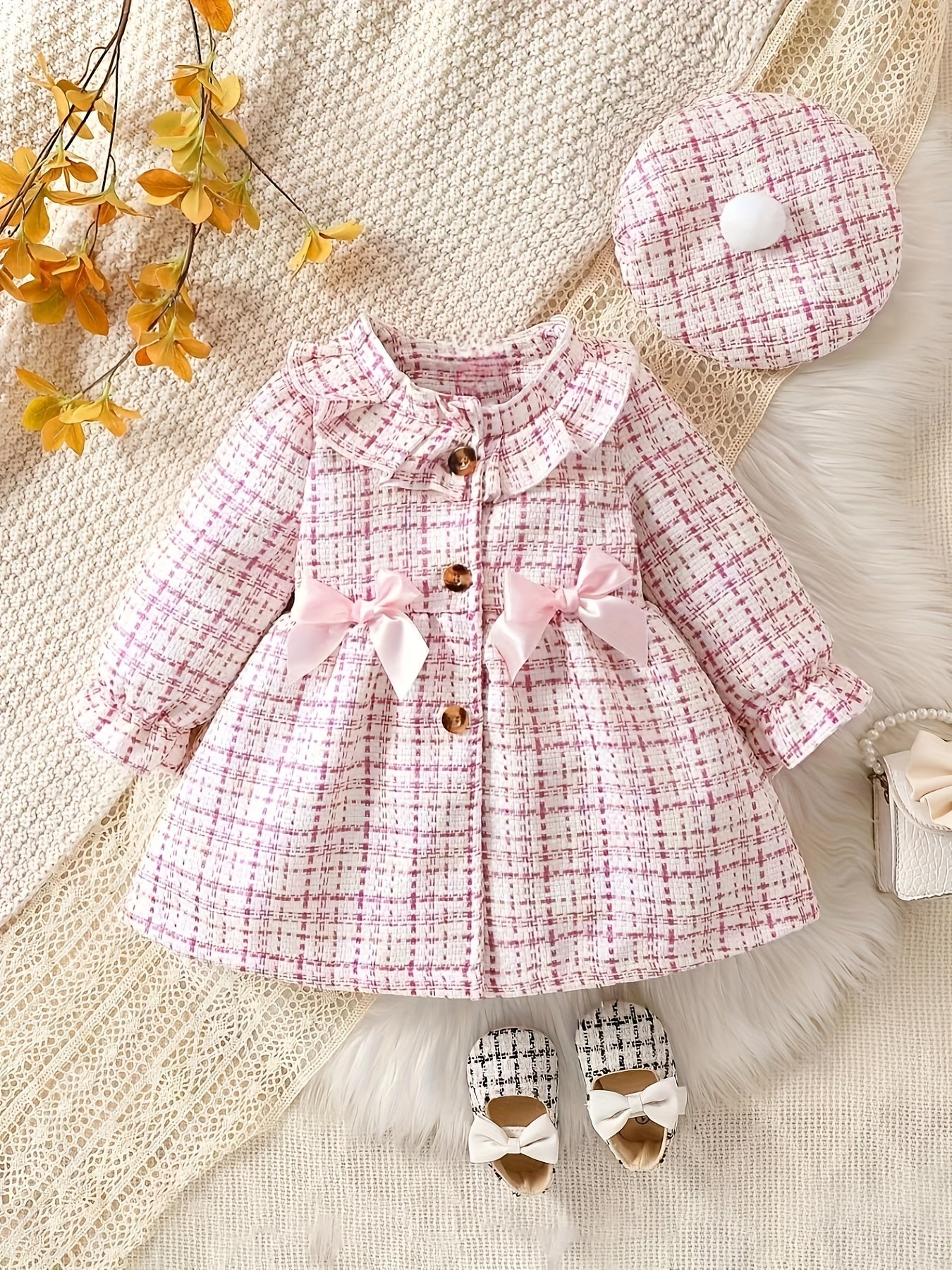 Baby Elegant Bowknot Decor Ruffled Tweed Long Sleeve Dress for Infant and Toddler Girls Daily Wear Holiday Party Gift - BabyHaven