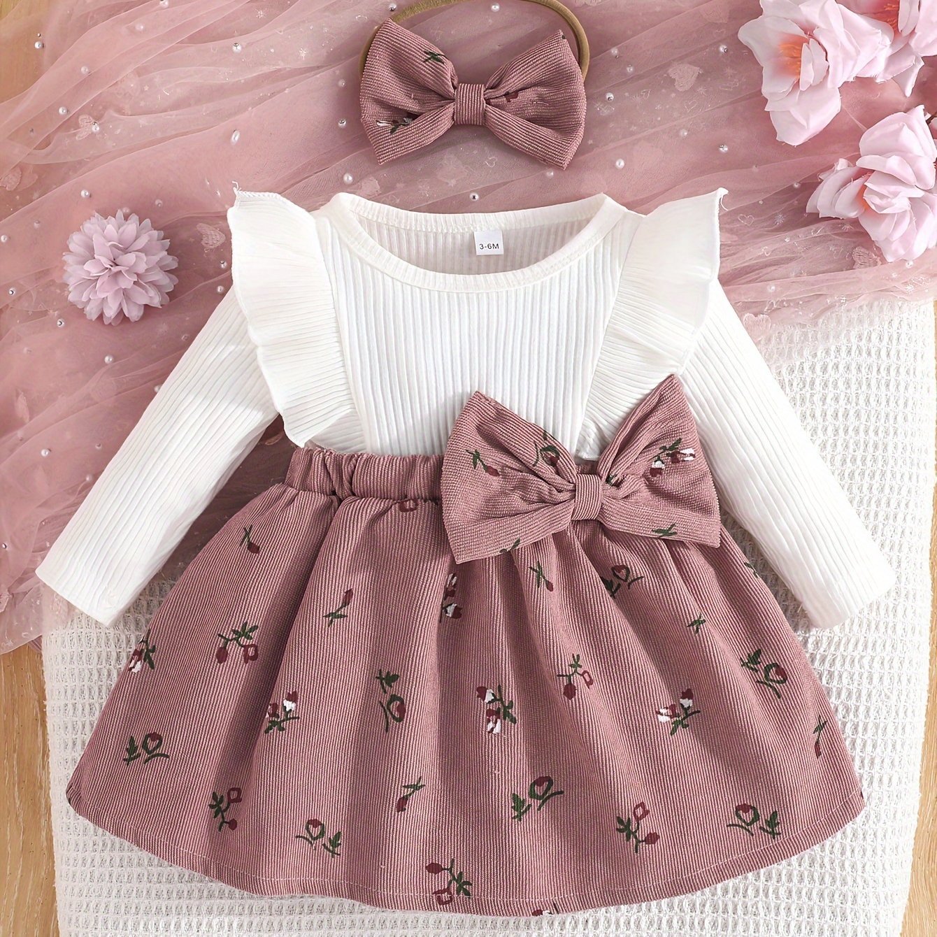 Girls' 2 - in - 1 Dress with Flying Sleeves and Bow Set - BabyHaven