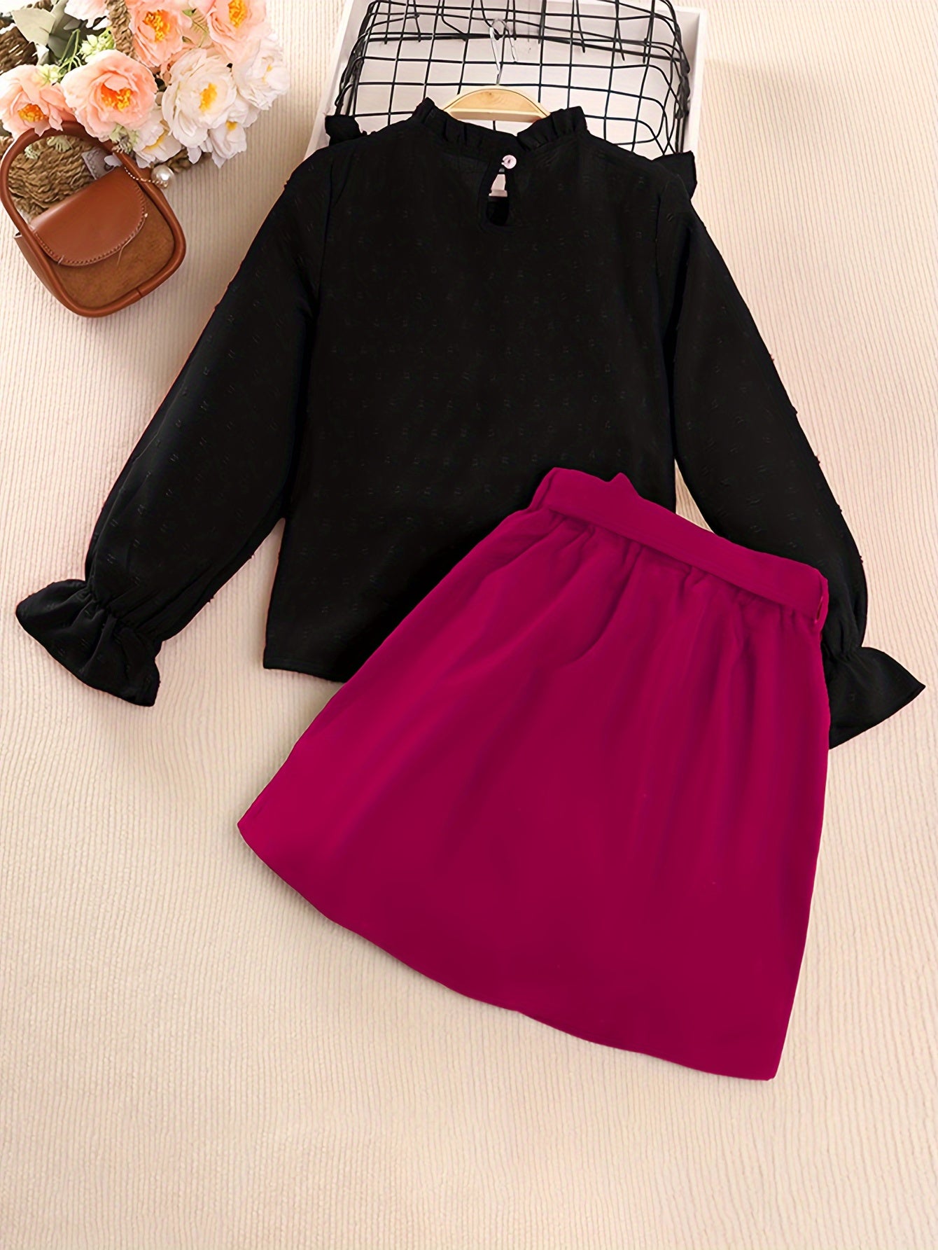 2pcs Set for Girls Featuring a Lace Patchwork Long-Sleeve Top