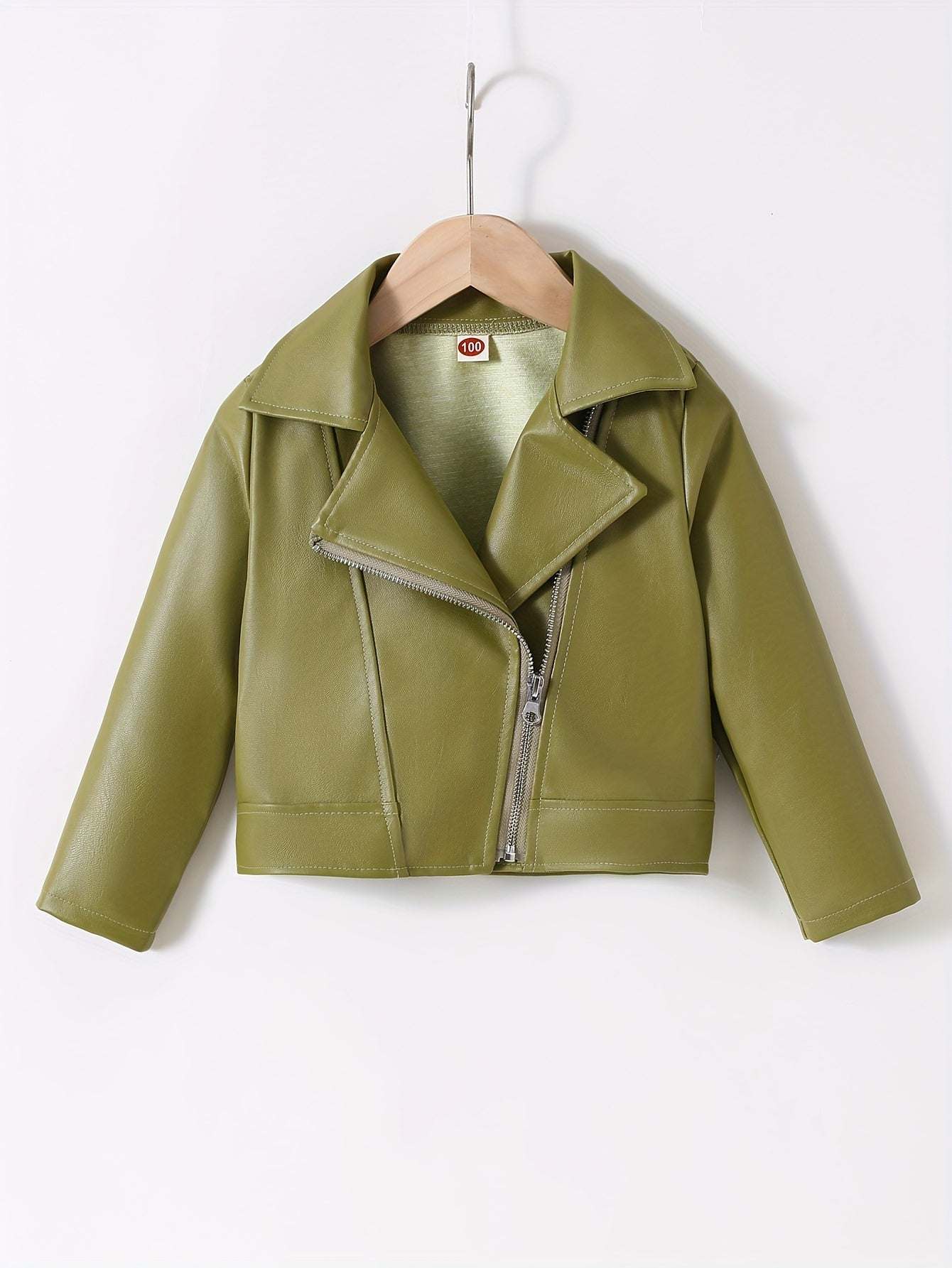 Girls' stylish green PU leather jacket on hanger, modern design.