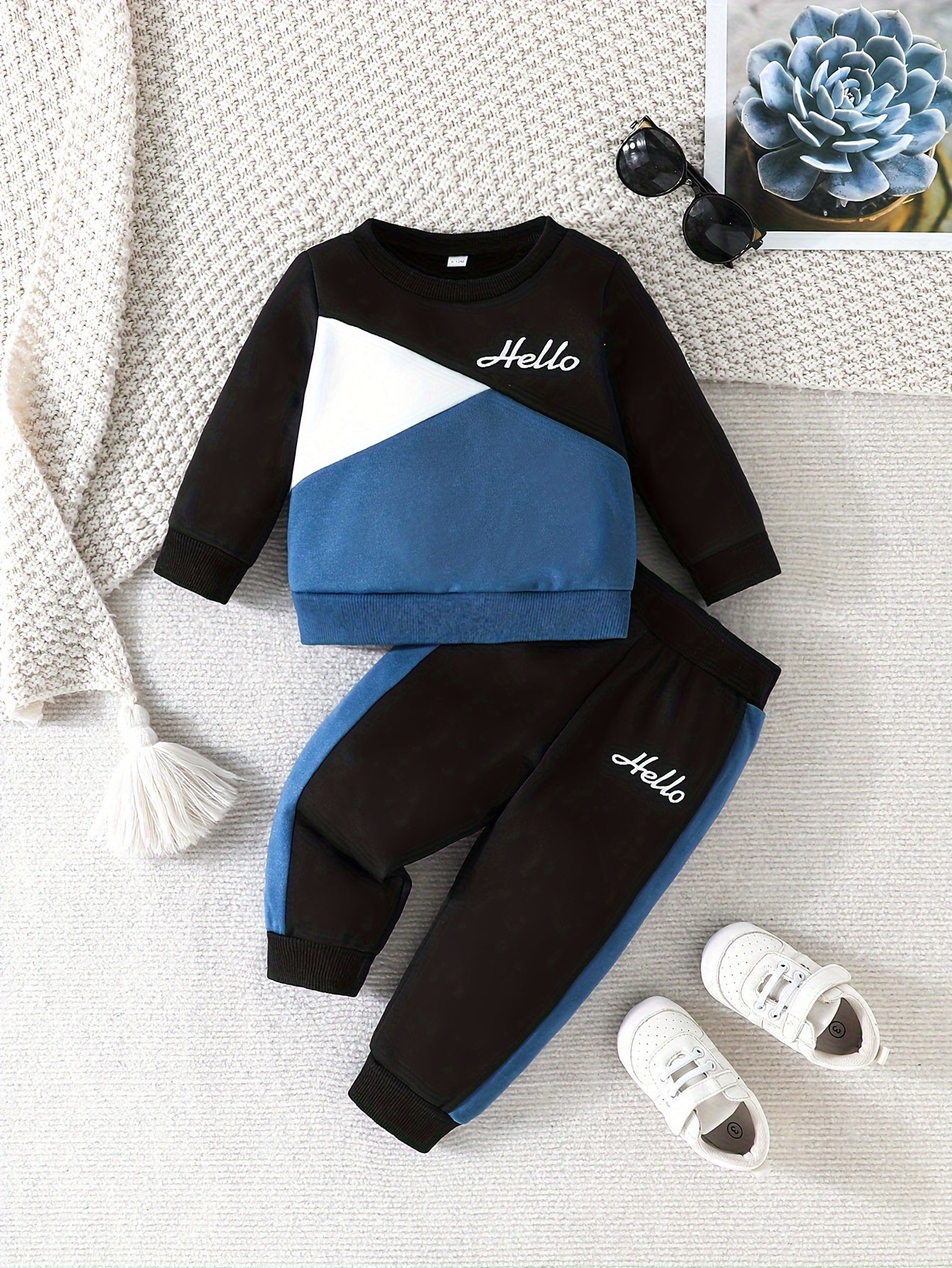 Sporty Blue & White Hello Print Hoodie And Pants Set For Kids - BabyHaven