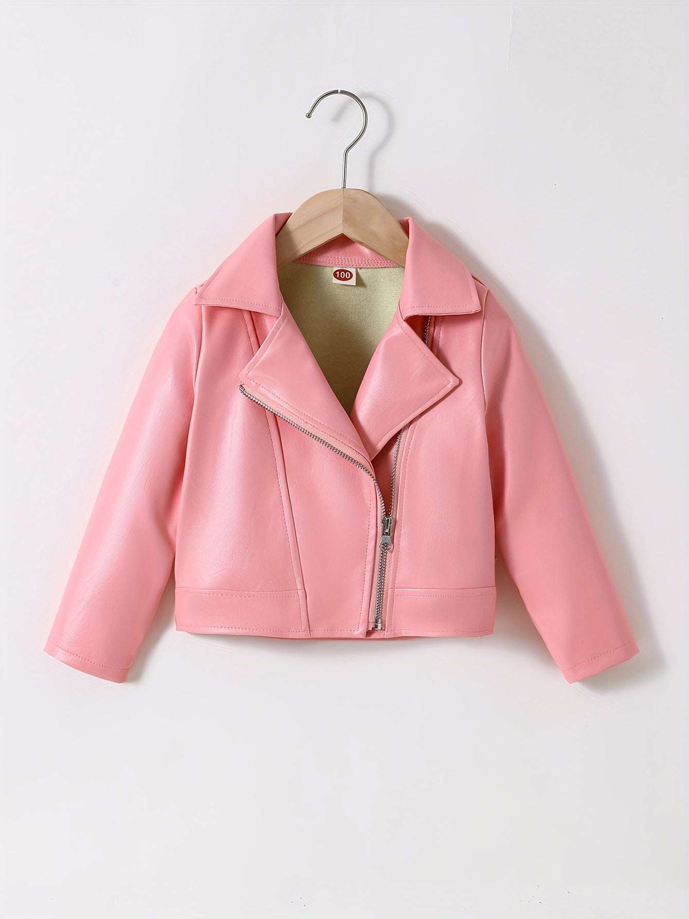 Trendy girls' pink leather jacket with stylish design and water-resistant material.