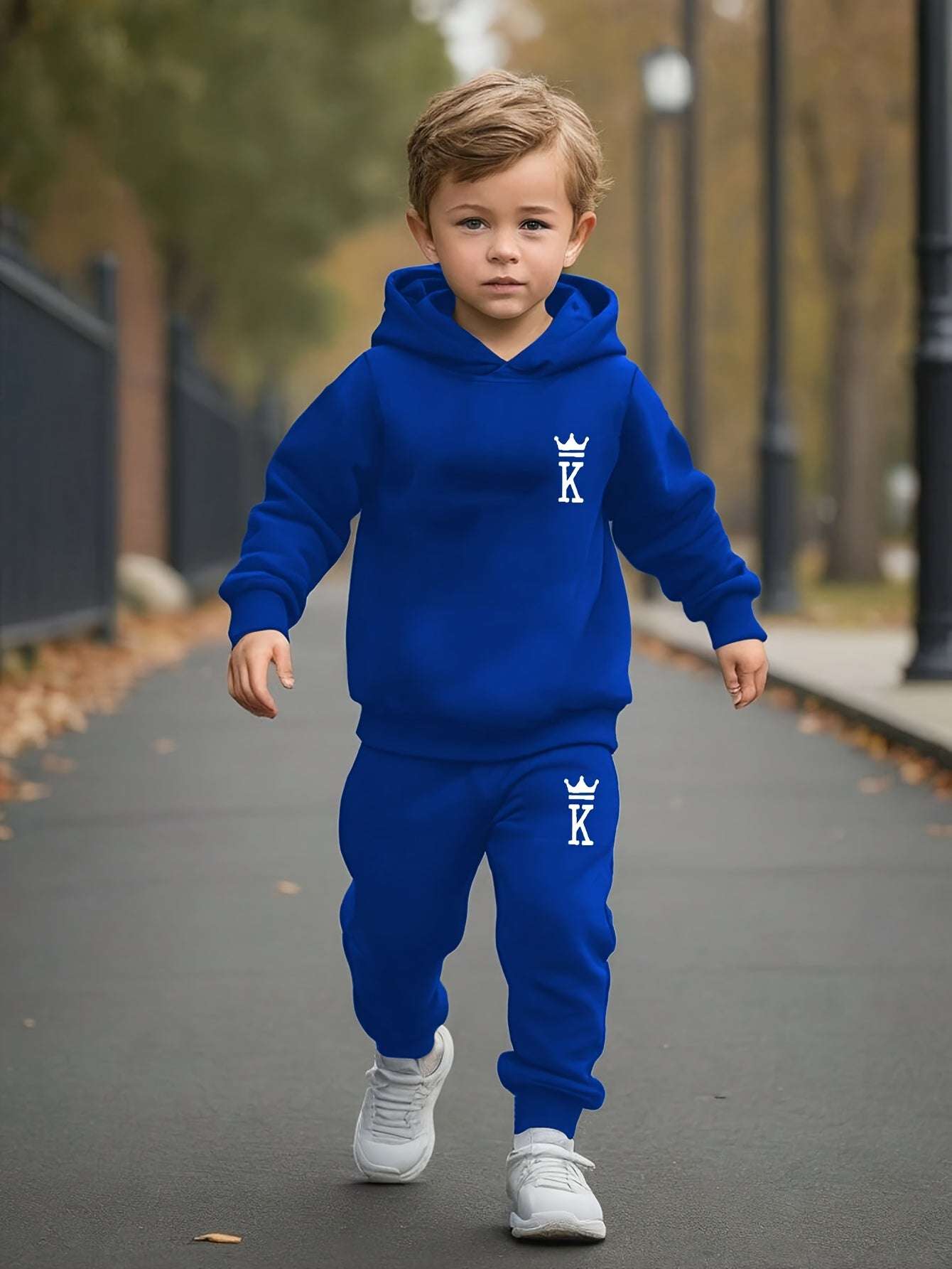 Boys' blue hoodie and pants set with a king logo, perfect for casual sportswear.