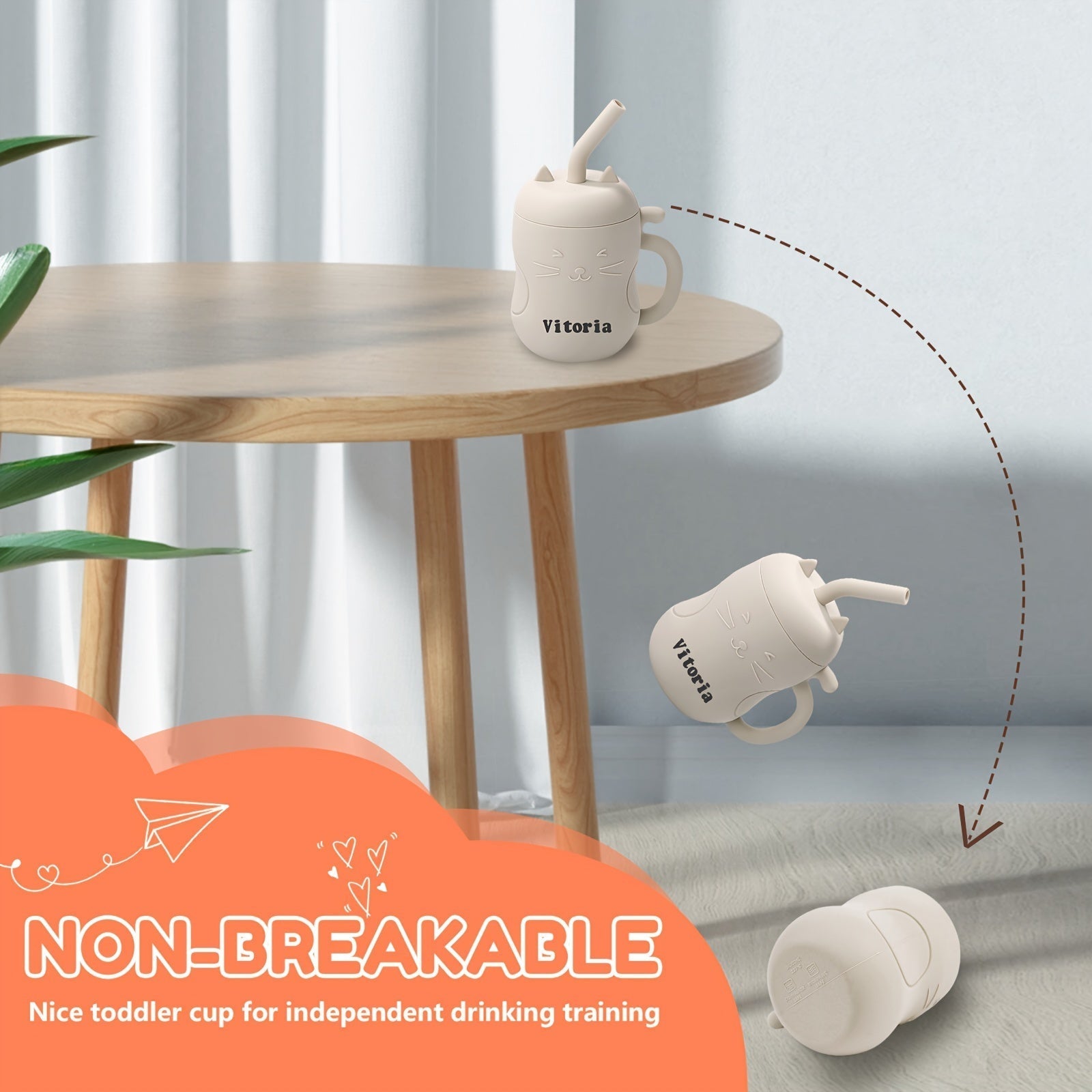 Kawaii Leak-Proof Learning Cup for Babies with Cat Design on Wooden Table