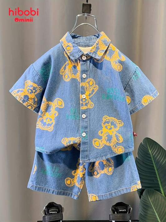 Hibobi 2pcs Boys Denim Shirt and Shorts Set for Summer