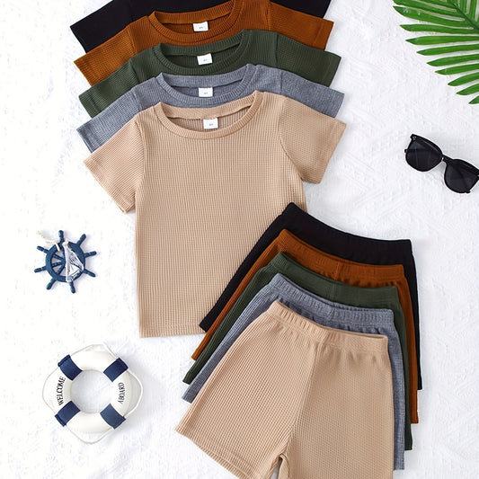10 Piece Boys Casual Solid Color Soft Comfortable Waffle Knit Short Sleeve Shorts Suit - BabyHaven