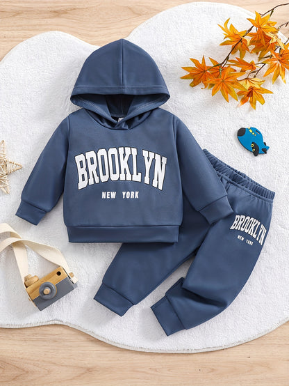 0-3 Years Old Two-piece European and American Fashion Boy's Baby Blue Letter Print Hoodie Suit