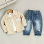 Casual chic denim pants set with stylish beige shirt, perfect for versatile and elegant fashion.