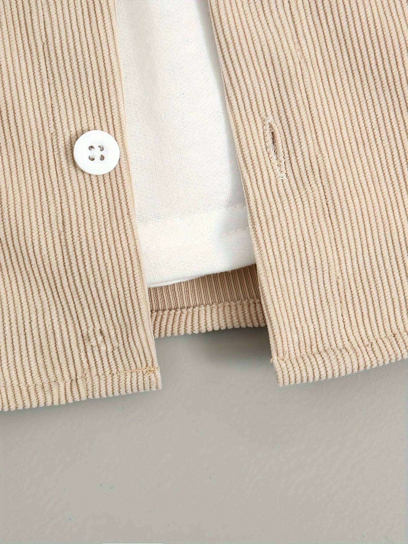 Casual chic beige shirt detail with button, featuring ribbed texture, part of denim pants set.