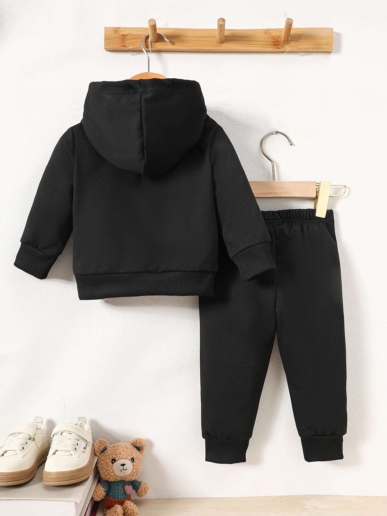 Playful Paws Cozy Bear Print Sweatshirt and Pants Set on display with shoes and a teddy bear.