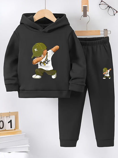 Cozy Bear-Themed Boys' Hoodie & Joggers Set for Fall