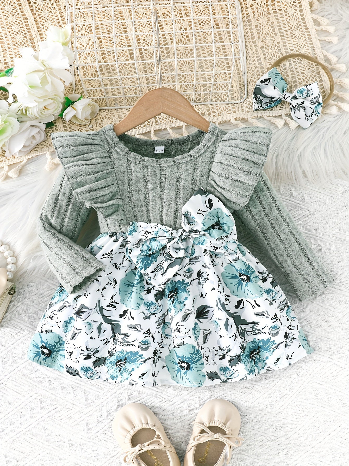 Adorable Floral Baby Dress With Bow And Matching Headband Set