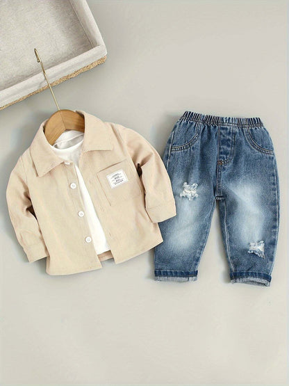 Casual chic denim pants set with stylish beige shirt outfit for women.