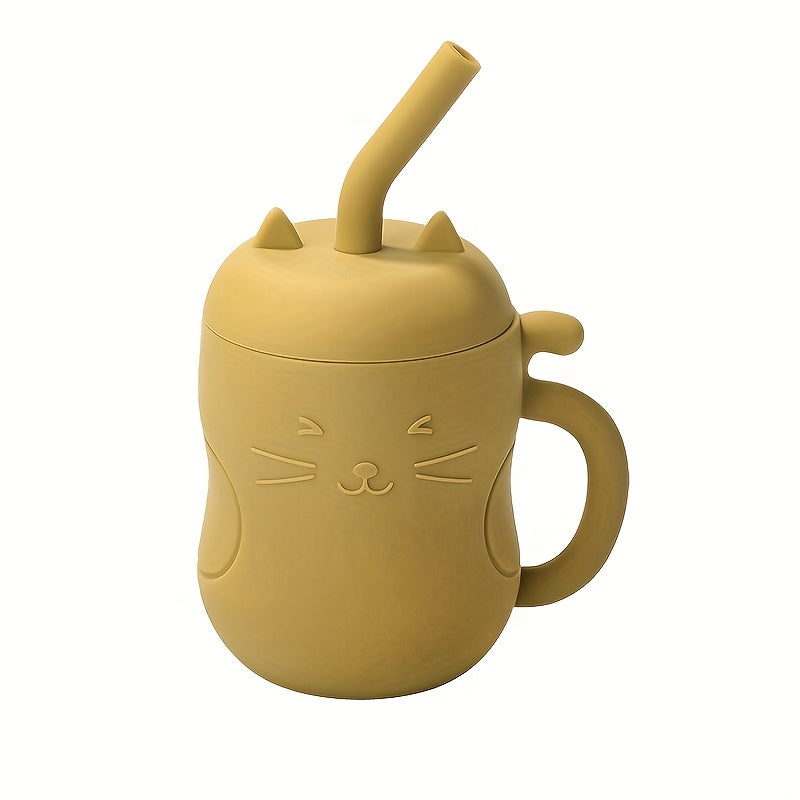 Kawaii cat silicone learning cup for babies with straw and handle.