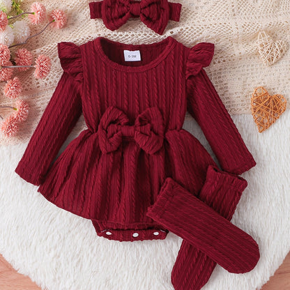 Classic Elegance Solid Bordeaux Red Baby Girl Set Outfit