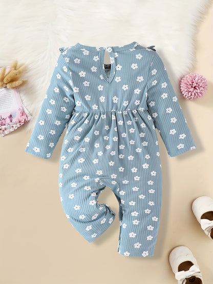 Girls' Long Sleeve Floral Romper with Crew Neck Casual Style