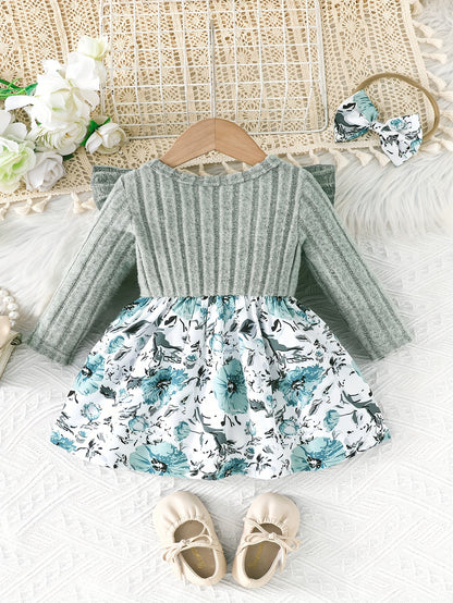 Adorable Floral Baby Dress With Bow And Matching Headband Set