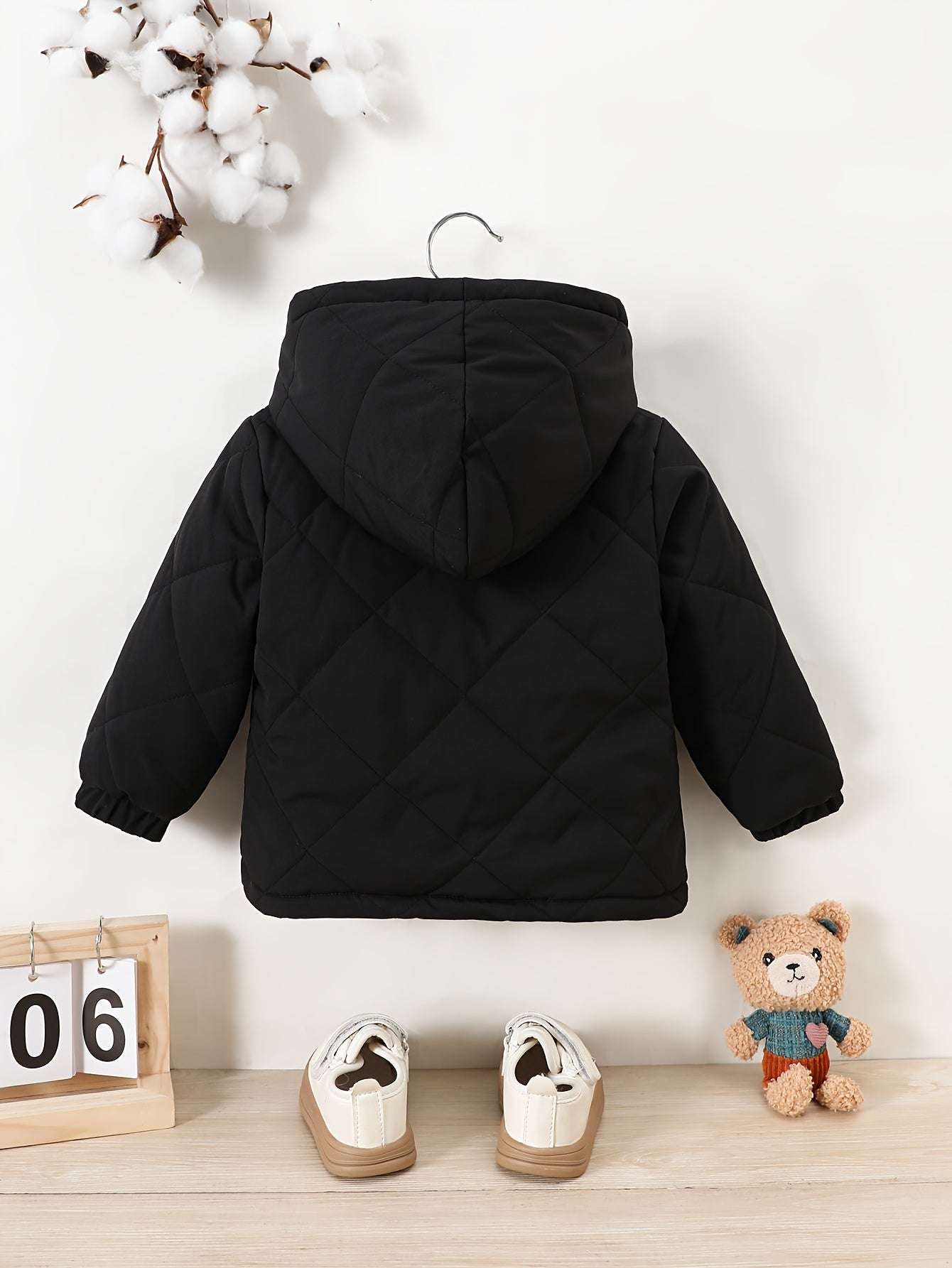 Chic and cozy velvet hooded jacket for infants and toddlers, black, perfect for stylish layering.