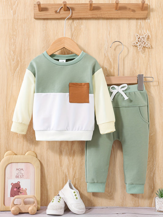 Trendy Newborn Boy's Color Contrast Sweatshirt And Pants Set