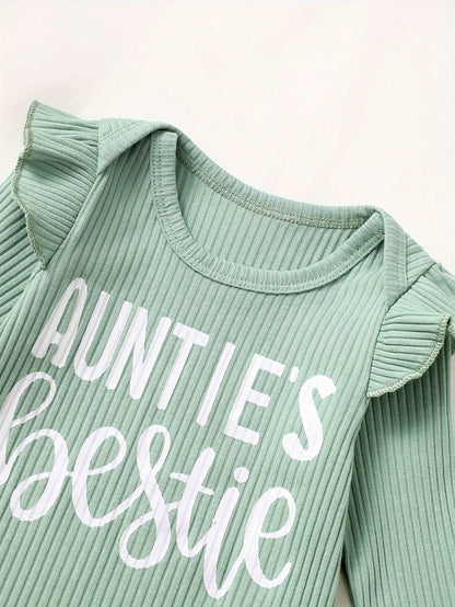 Best friend vibes cute set with 'auntie's bestie' print on green cotton top.