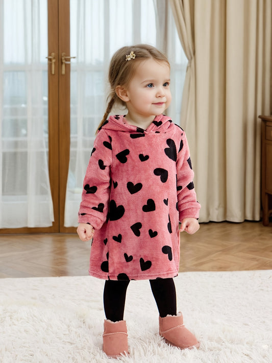 Cozy Girls' Pink Heart Pattern Fleece Hooded Dress for Kids