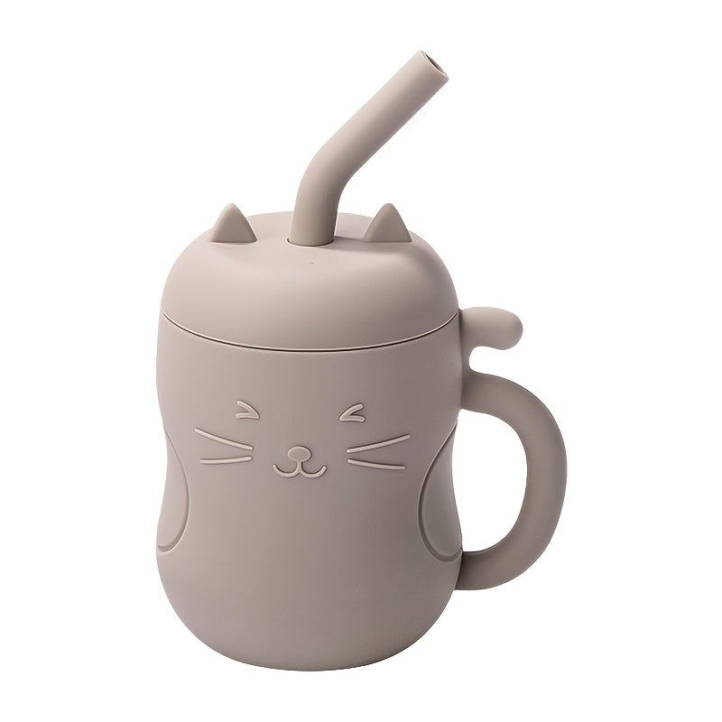 Kawaii cat design baby learning cup with straw, made from food-grade silicone, grey color.