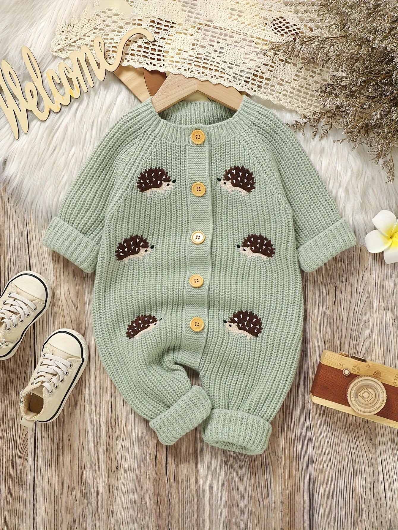 Infant And Toddler Knitted Hedgehog Pattern Body Suit Cozy