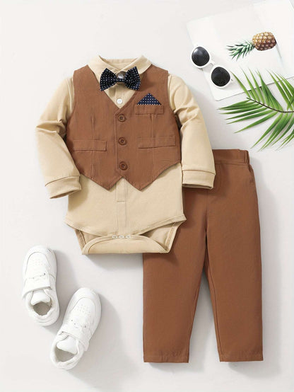 Boys' dapper gentleman 3-piece suit set with vest, bowtie, pants, and shirt.