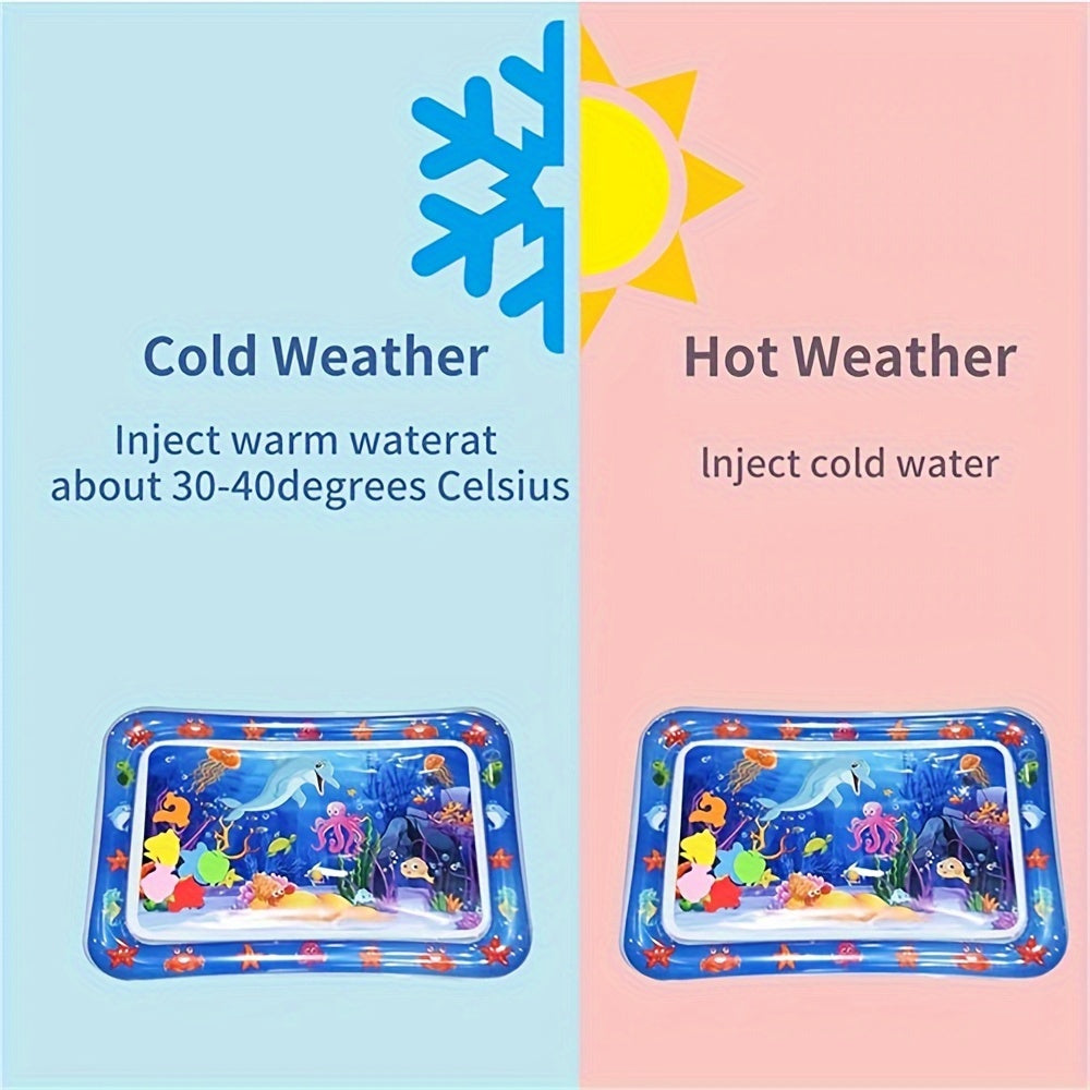 Water play mat for babies and toddlers with floating toys, suitable for hot and cold weather use, temperature instructions shown.