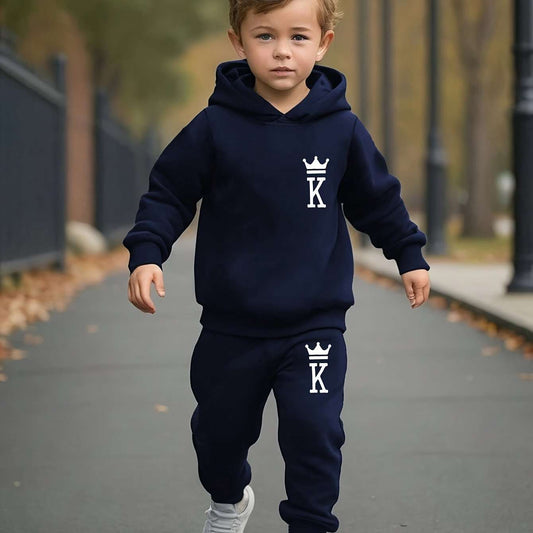 Boys' 2pc king logo hoodie and pants set, casual sportswear.