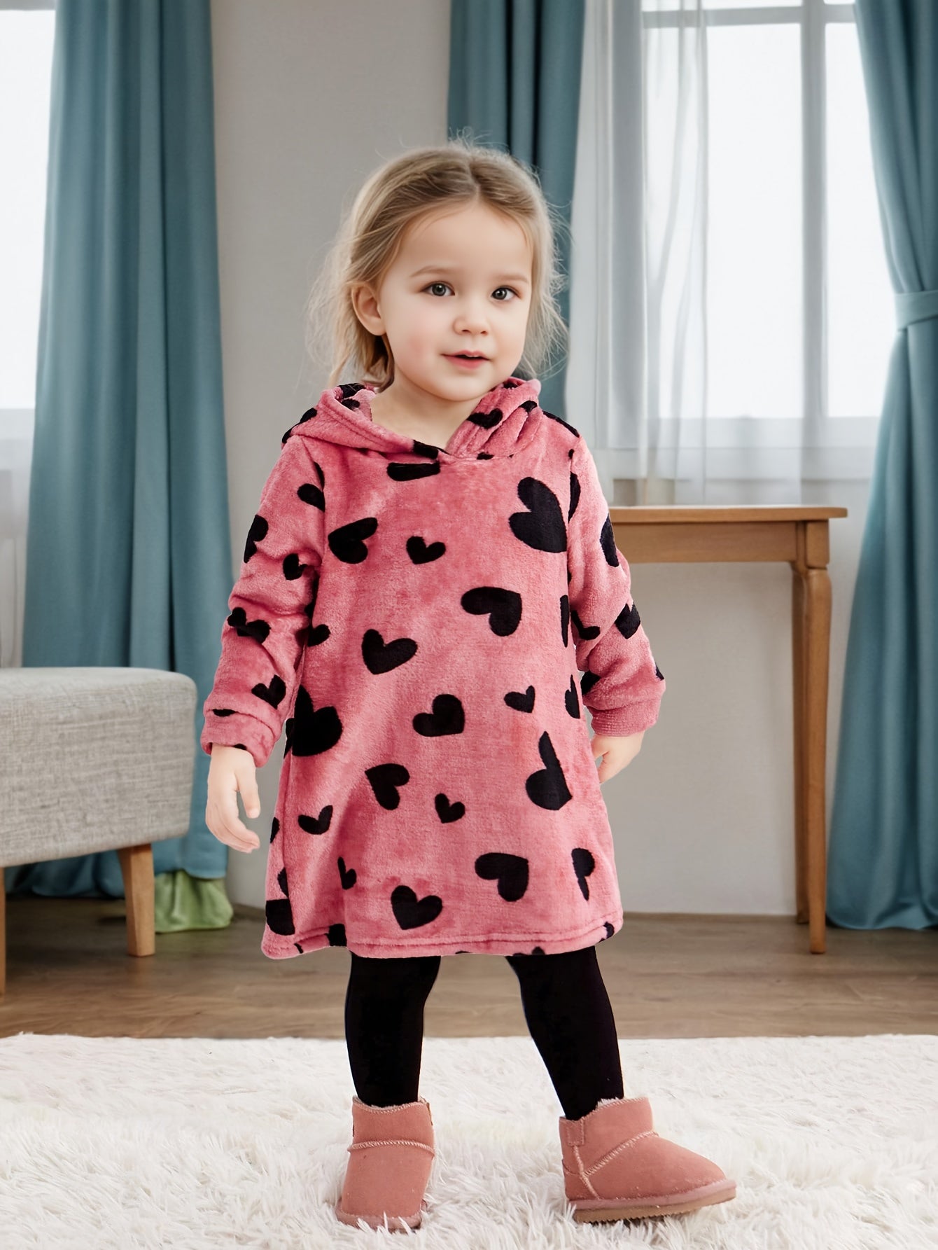 Cozy Girls' Pink Heart Pattern Fleece Hooded Dress for Kids