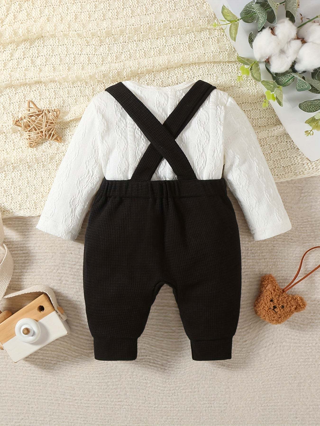 Classic combo 2-piece overall and shirt set for kids, featuring black overalls and white long-sleeve shirt, crafted for comfort and style.