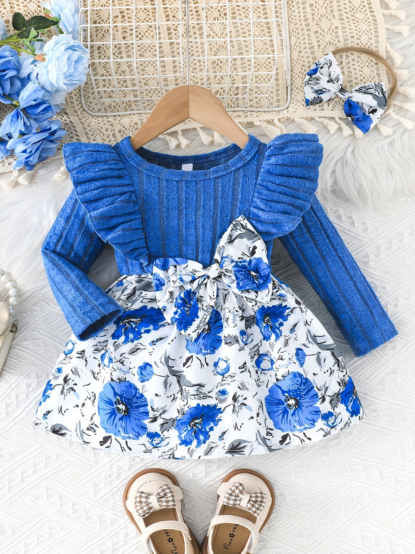 Adorable Floral Baby Dress With Bow And Matching Headband Set