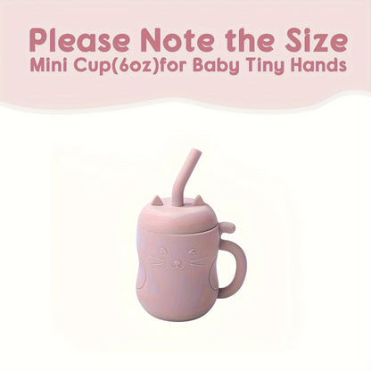 Kawaii baby learning cup with cat design and straw, pink.