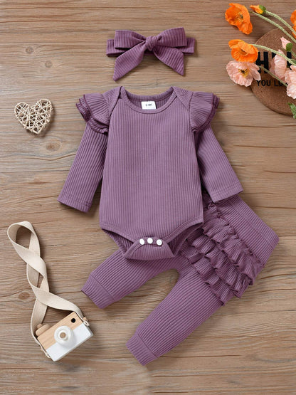 Charming Trio 3-piece outfit set with headband for girls, featuring a stylish ruffled long-sleeve top and matching pants, crafted in soft, stretchy cotton fabric.