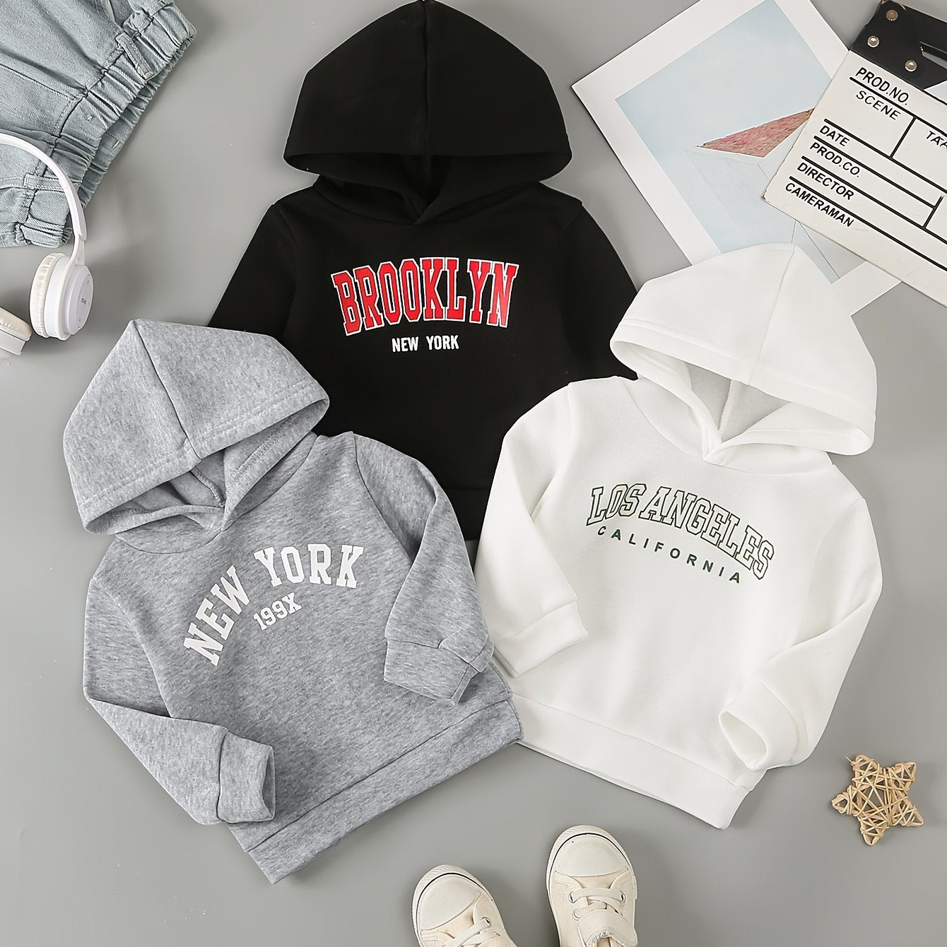 Set of 3 Hooded Sweatshirts with New York Brooklyn Los Angeles Prints - BabyHaven