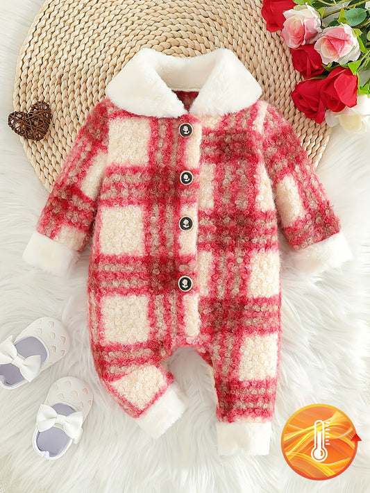 1pc Festive Plaid Fleece Baby Girl Romper for Outdoor Fun