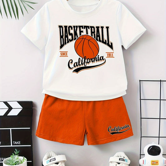 “Valentine’s Day” “Ramadan”, Boys Suit, Letter and Basketball Print, Summer Fashion Casual Simple Round Neck T-shirt and Shorts, Perfect for Outdoor