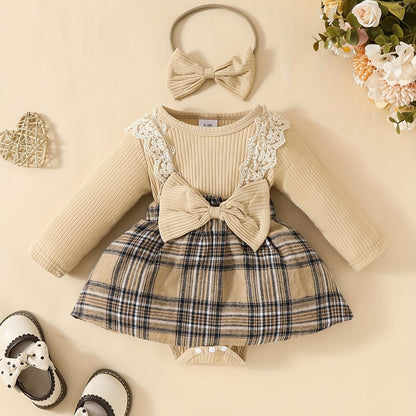 Chic Girls' Plaid Dress With Bow & Lace Detail For Autumn