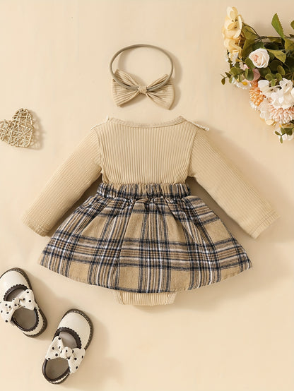 Chic Girls' Plaid Dress With Bow & Lace Detail For Autumn