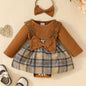 Chic Girls' Plaid Dress With Bow & Lace Detail For Autumn