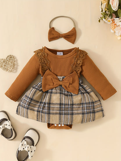 Chic Girls' Plaid Dress With Bow & Lace Detail For Autumn