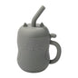 Kawaii cat-themed silicone baby cup with straw and handle, grey color.